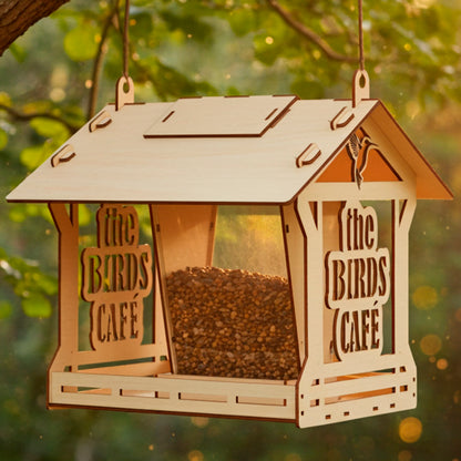 Laser cut  plywood wooden bird feeder shaped like a house, featuring clear windows filled with seed and "The Birds Cafe" etched on the side. It hangs from a thick tree branch in a sunny forest setting at sunset.
