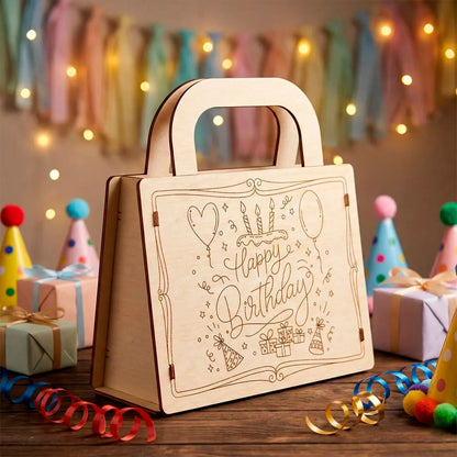 A wooden birthday gift bag made of laser cut plywood displayed on a table with party hats and colorful ribbons