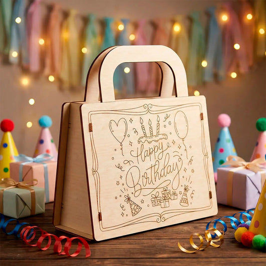 A wooden birthday gift bag made of laser cut plywood displayed on a table with party hats and colorful ribbons