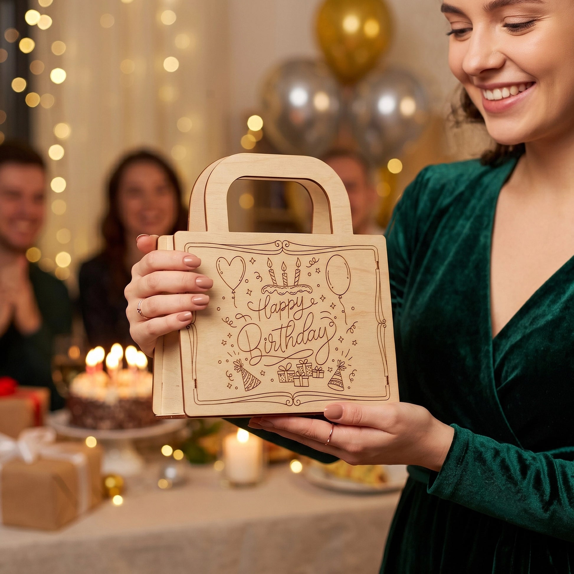 Woman in a green dress holding a laser cut plywood "Happy Birthday" gift bag at a festive party.