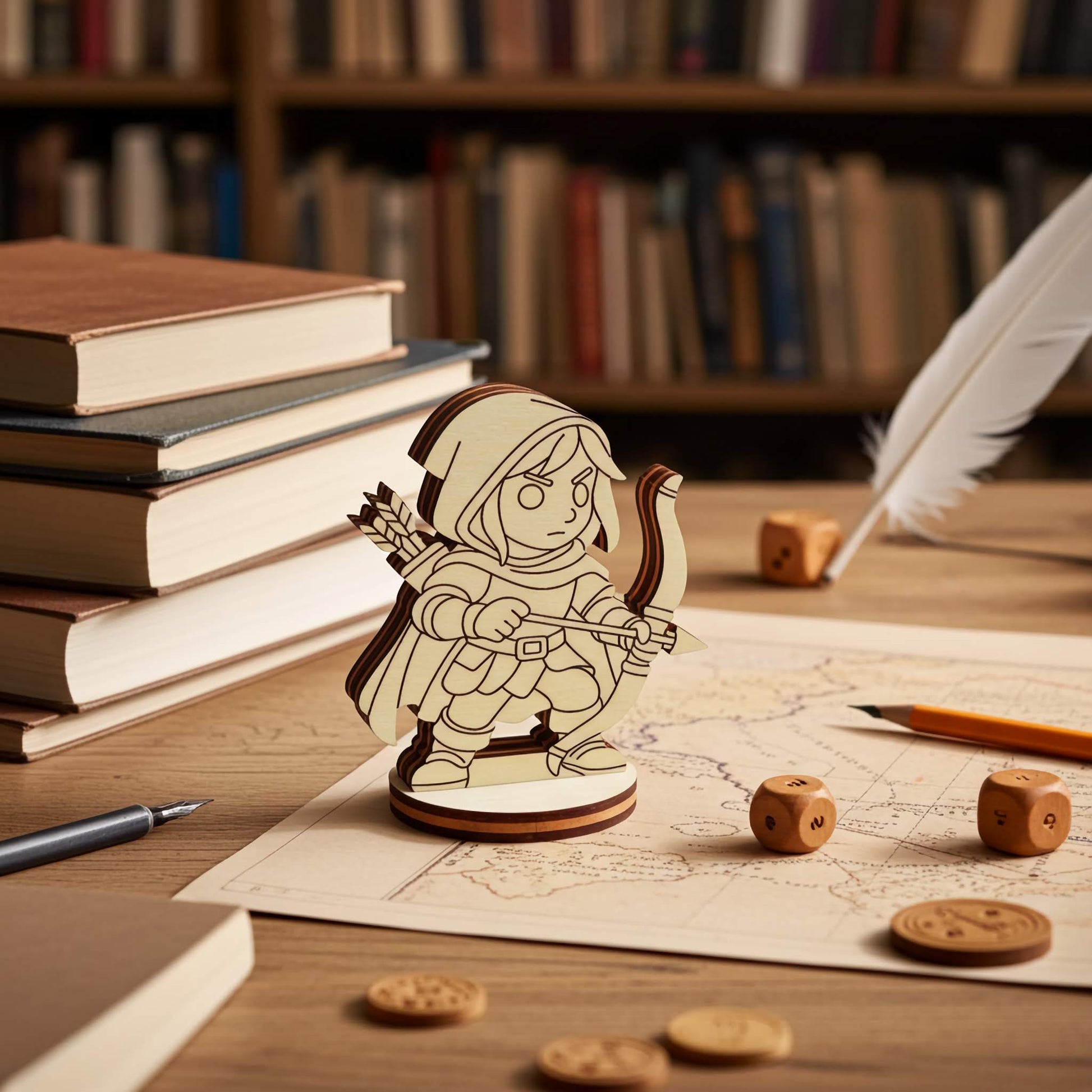 Wooden fantasy archer tabletop miniature standing on map and books, laser cut RPG character figure for board games