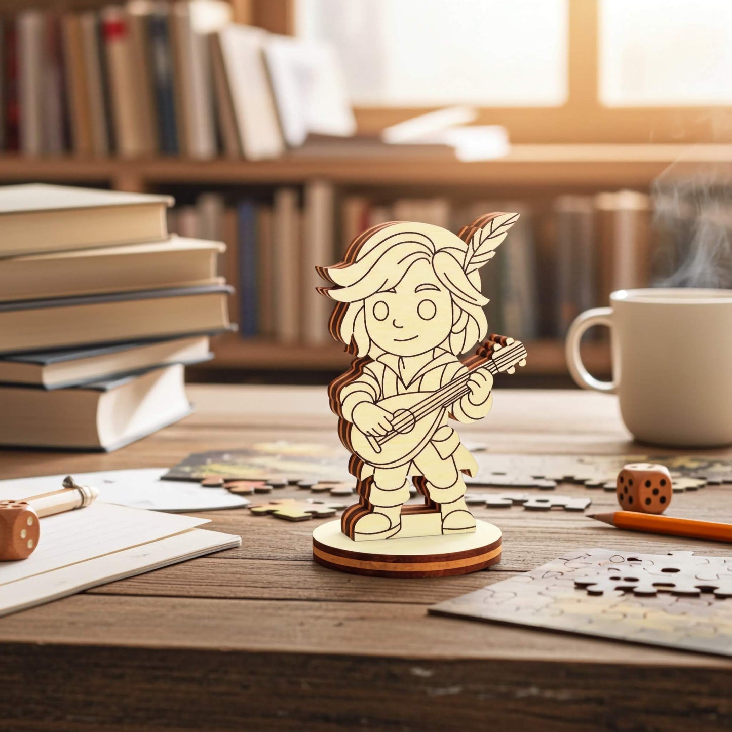 Wooden bard RPG miniature playing lute, laser cut tabletop character figure displayed on desk with books and puzzles
