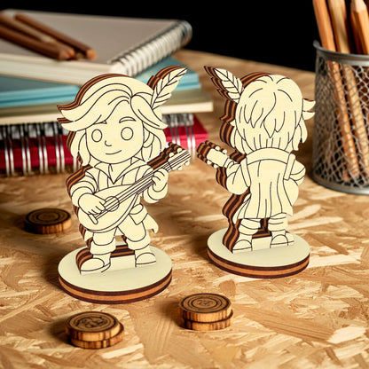 Front and back view of laser cut bard tabletop miniature, wooden fantasy RPG character with musical instrument