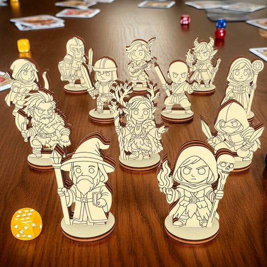 Complete set of wooden fantasy RPG miniatures arranged on tabletop, laser cut characters with dice and cards for board games
