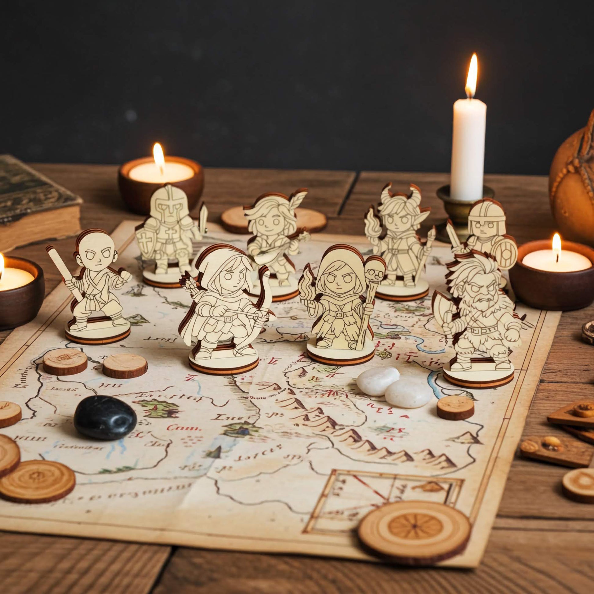 Fantasy RPG wooden miniatures placed on illustrated map with candles, laser cut tabletop characters for role playing games