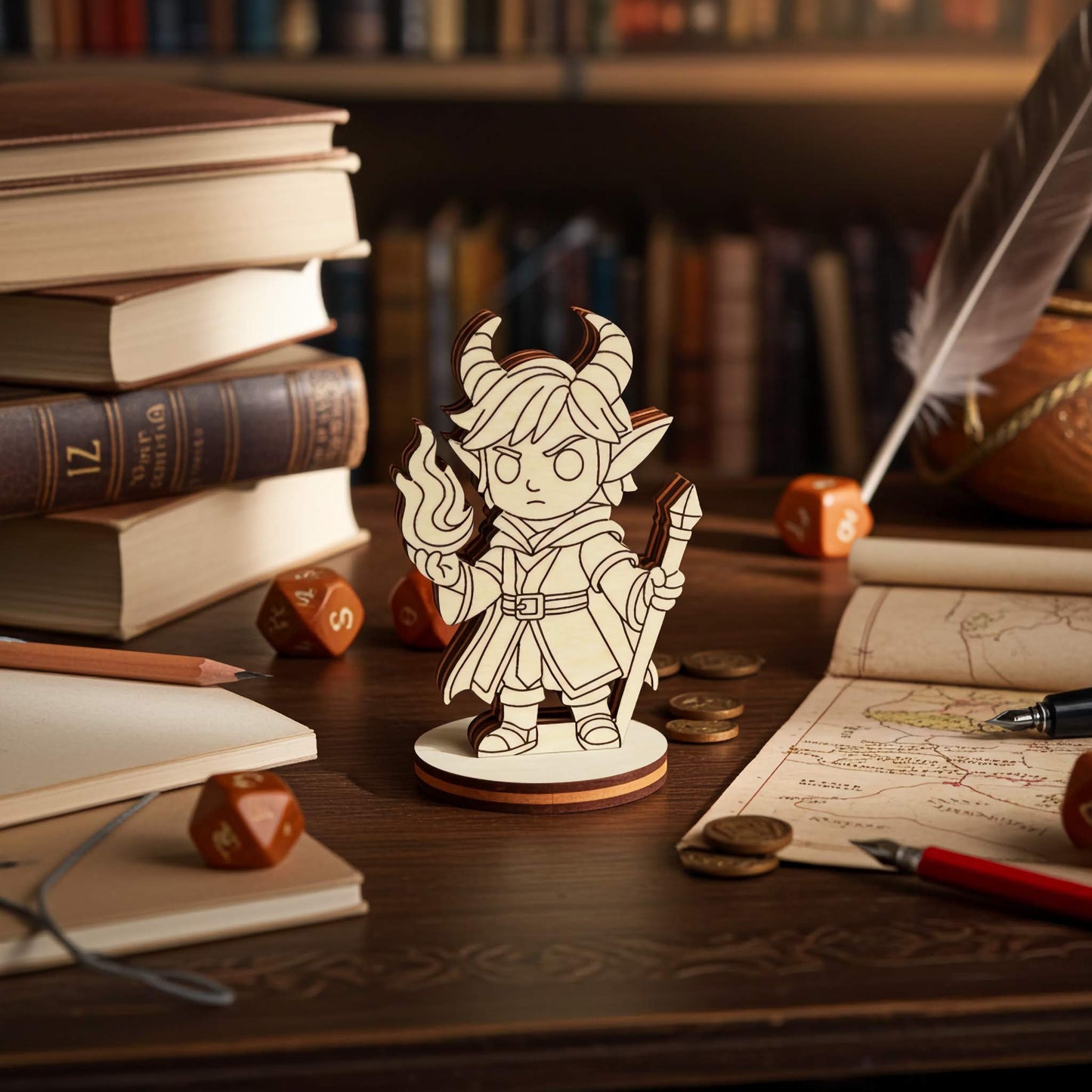 Wooden wizard RPG tabletop miniature holding staff, laser cut fantasy character figure displayed with books and dice