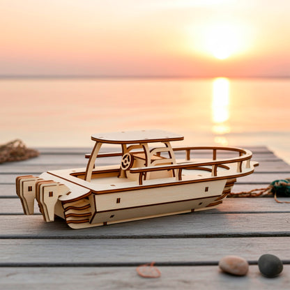 A detailed laser cut wooden plywood  motorboat model with dual outboard motors, sitting on a weathered wooden pier at sunset, reflecting warm orange light off the water and scattered small stones.