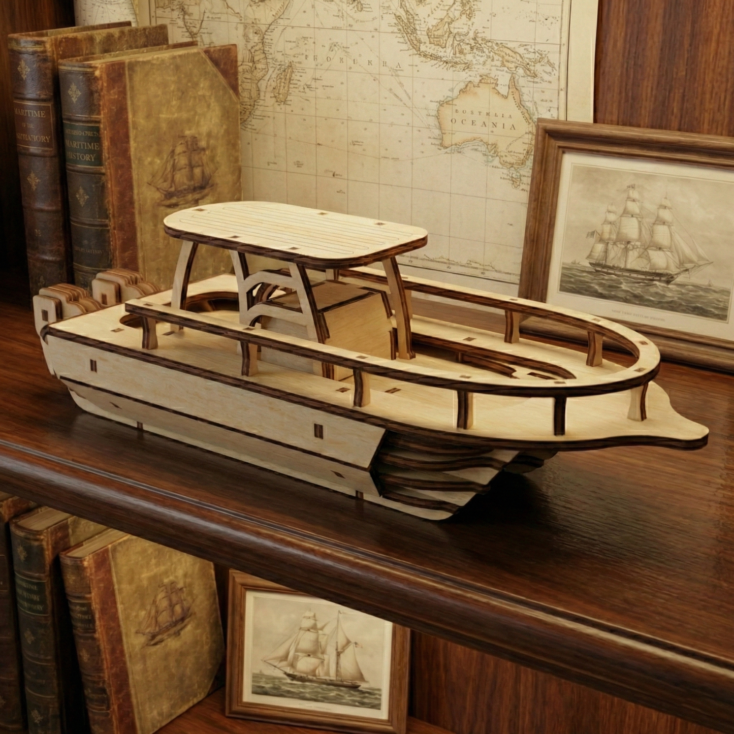 Wooden laser cut model ship on a wooden shelf with books and maps in the background