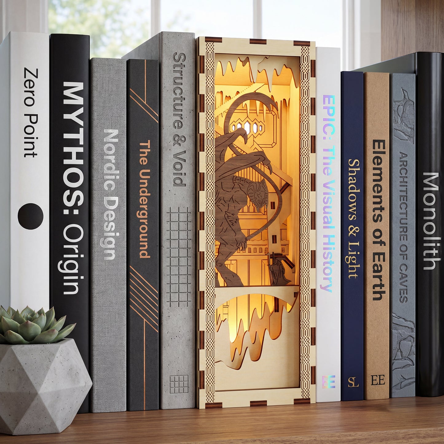 Fantasy-themed Book Nook #2 made of laser cut wood with glowing cave details, displayed next to a geometric concrete planter background.