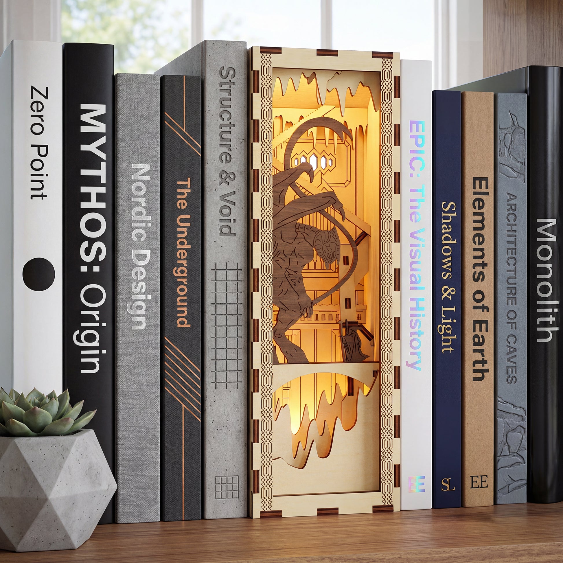 Fantasy-themed Book Nook #2 made of laser cut wood with glowing cave details, displayed next to a geometric concrete planter background.