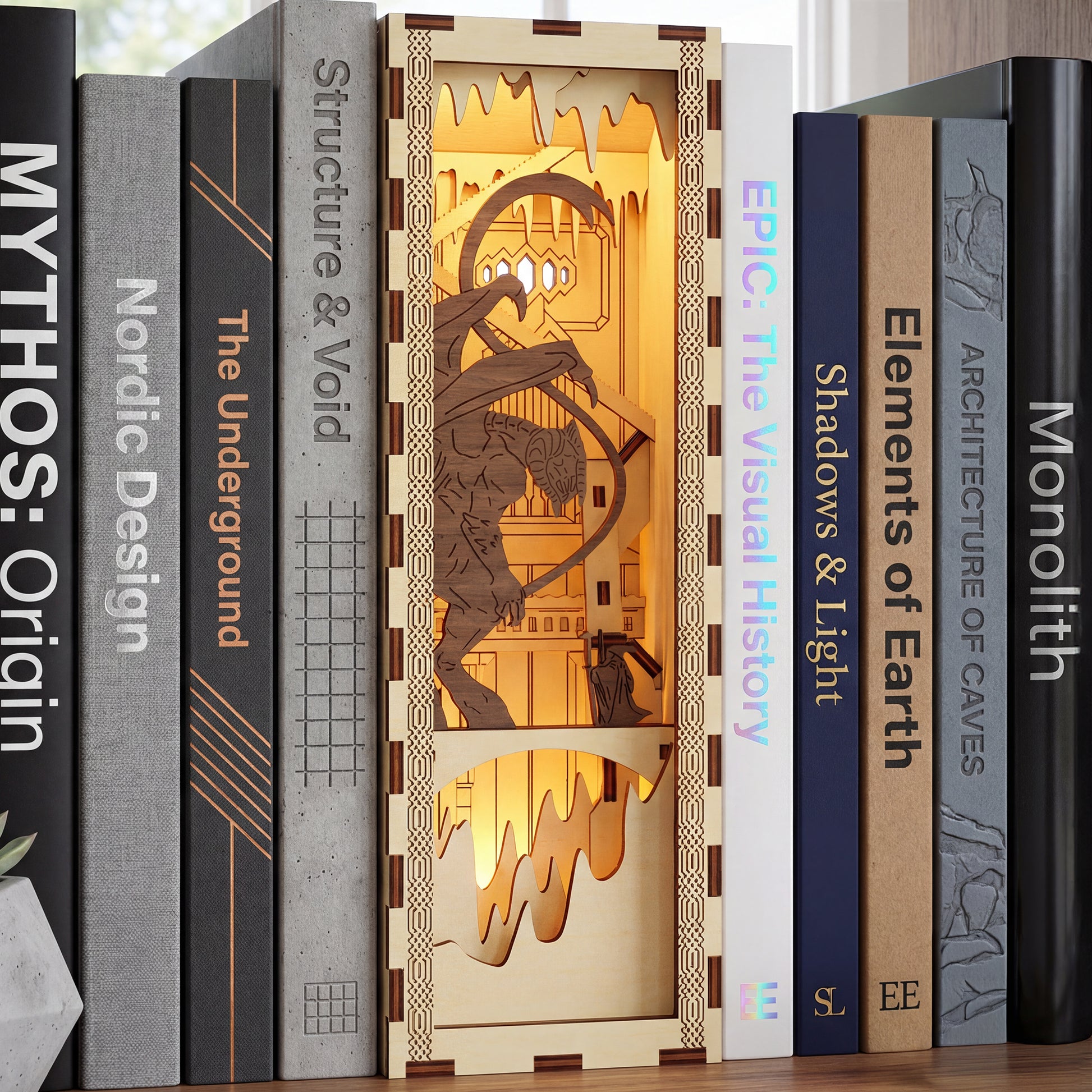 Dramatic laser cut wooden Book Nook #2 depicting a winged demon on a bridge, set between hardcover books on a library shelf background.
