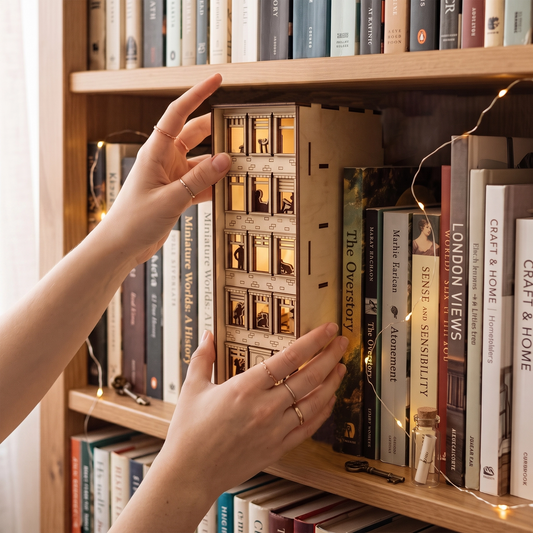 Hands placing a lit laser-cut birch plywood apartment house book nook on a shelf between books, with warm internal lights.