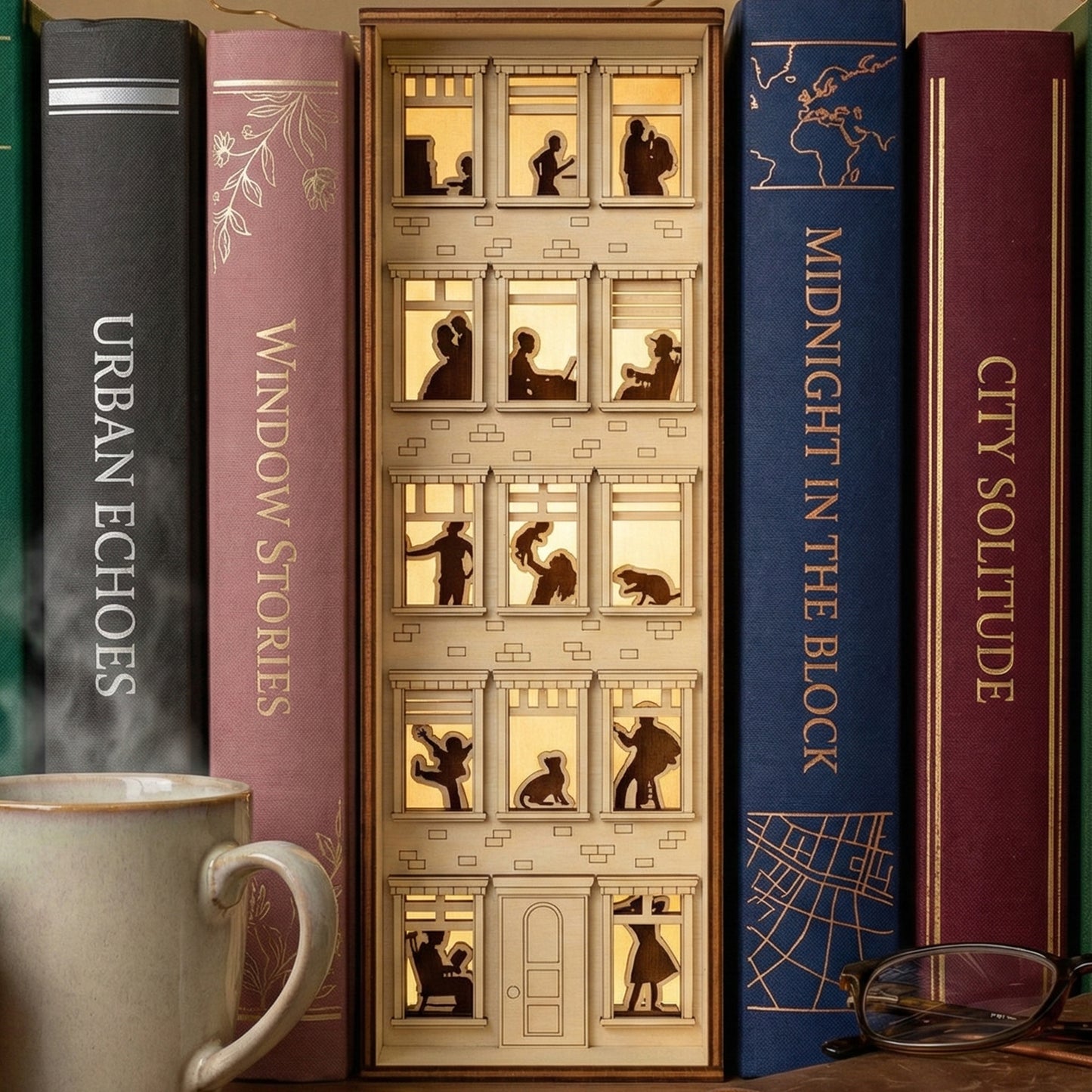 Detailed laser cut wooden Book Nook Apartment House with illuminated windows, nestled between books on a study shelf background.