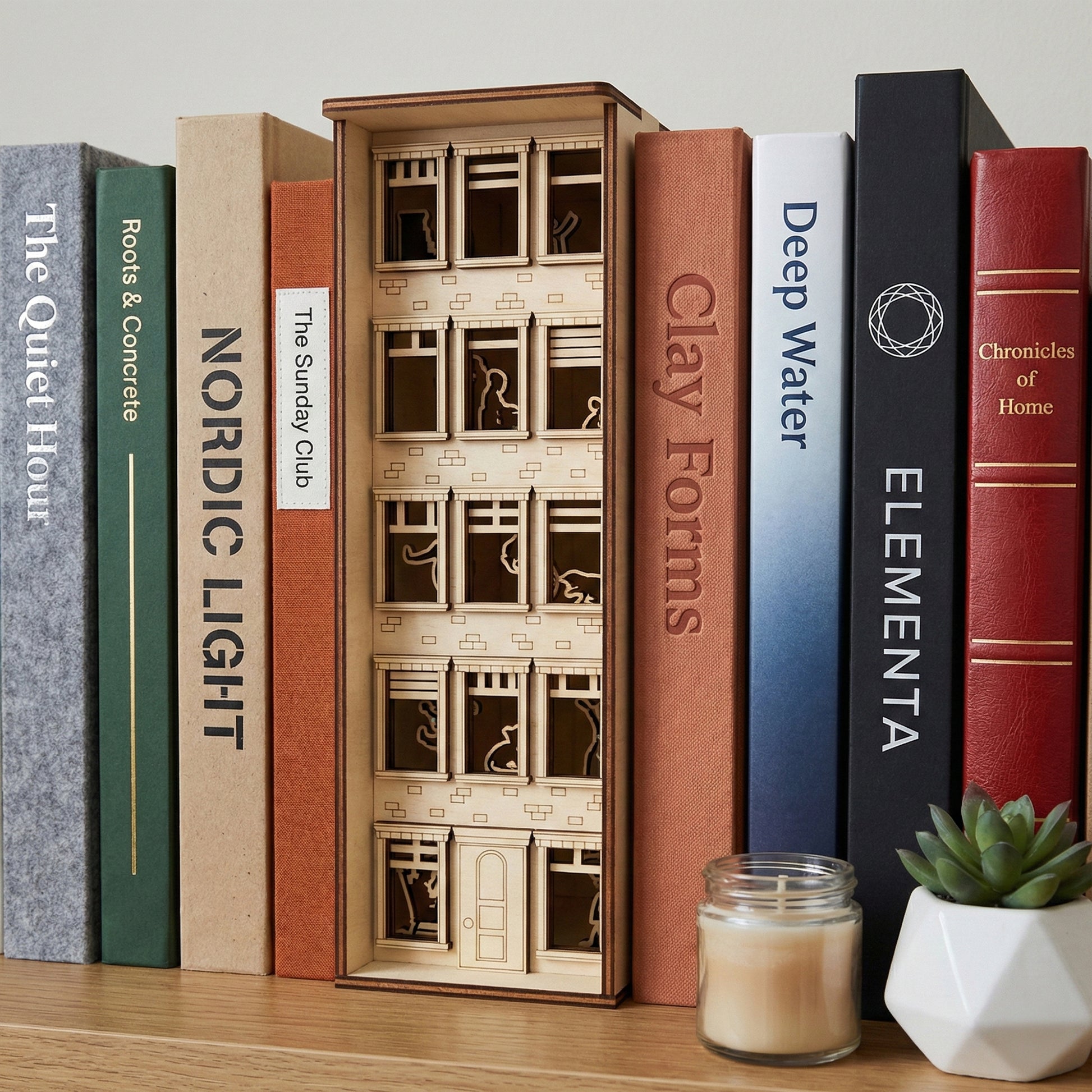 Front-facing laser cut wooden Book Nook Apartment House with glowing window lights, integrated into a modern home library shelf background.
