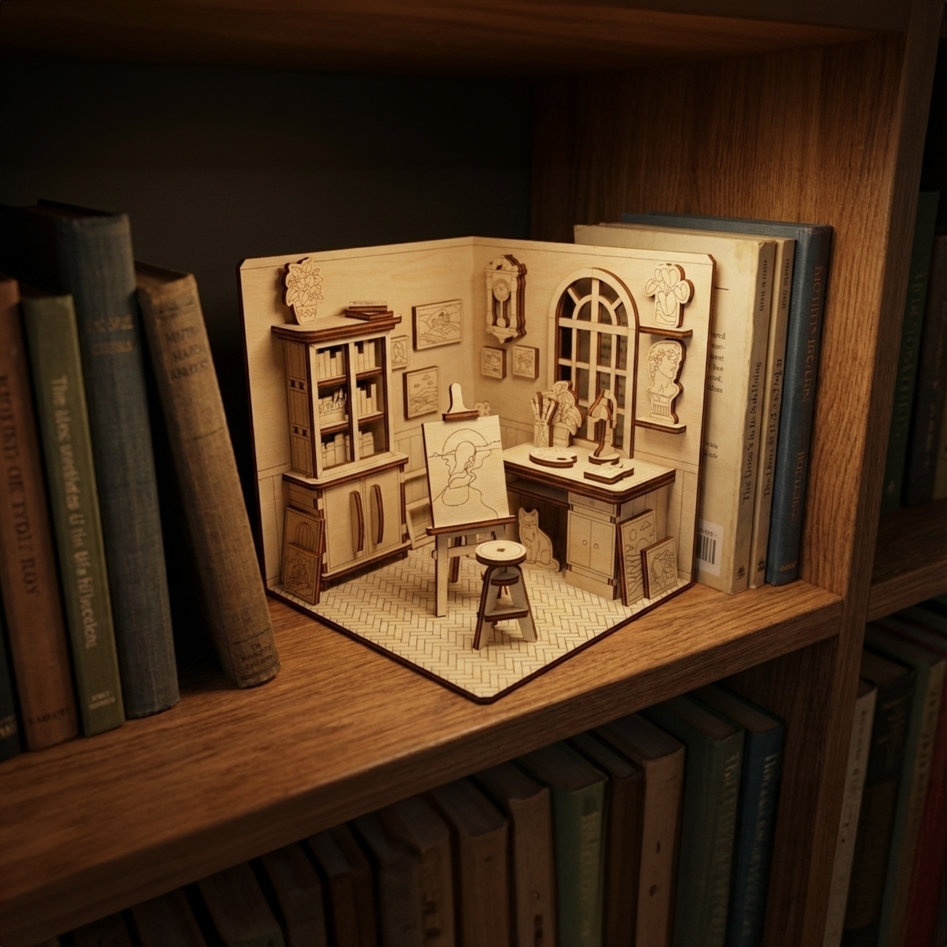 Plywood artist studio book nook placed between books, featuring miniature furniture, easel, framed pictures, and detailed wall decor.