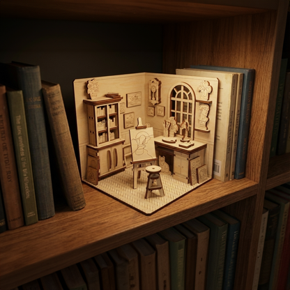 Plywood artist studio book nook placed between books, featuring miniature furniture, easel, framed pictures, and detailed wall decor.