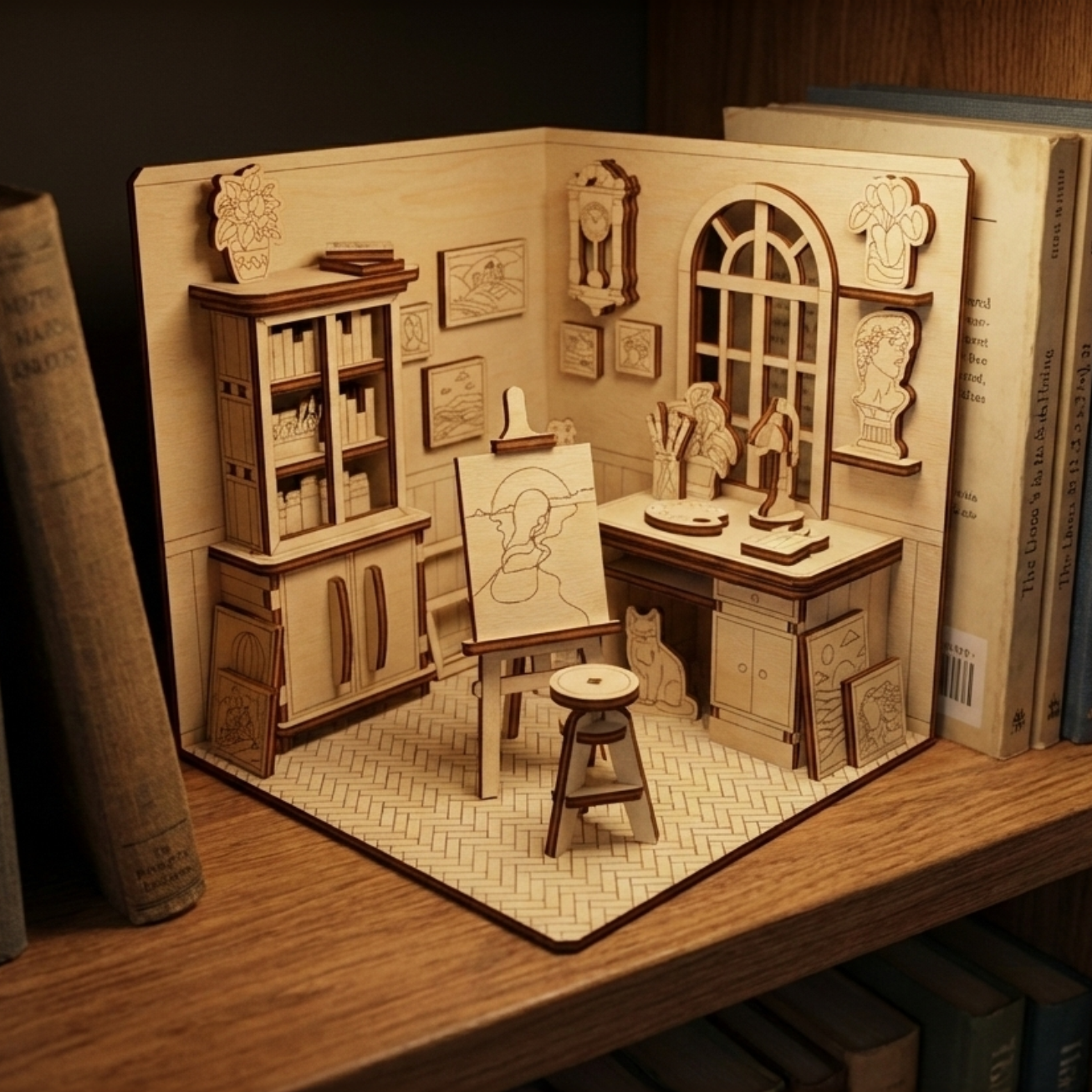 Artist House book nook laser cut file preview with text overlay, showing detailed wooden studio diorama and included SVG cutting layout.