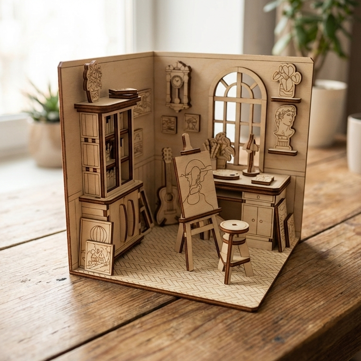 DIY laser cut artist room diorama with easel, stool, guitar, and cabinet, shown on a wooden table in natural daylight.