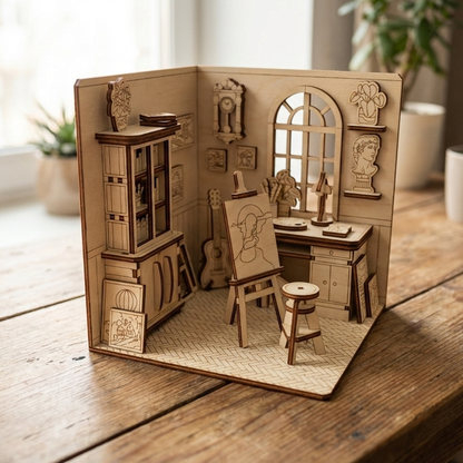 DIY laser cut artist room diorama with easel, stool, guitar, and cabinet, shown on a wooden table in natural daylight.