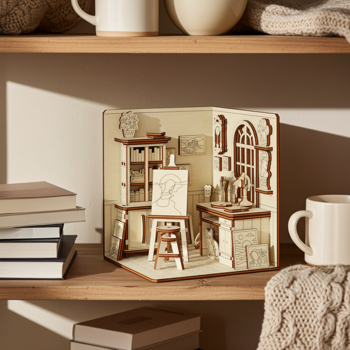 Miniature wooden artist studio book nook on a bookshelf, surrounded by books and home decor, showcasing layered laser cut details.