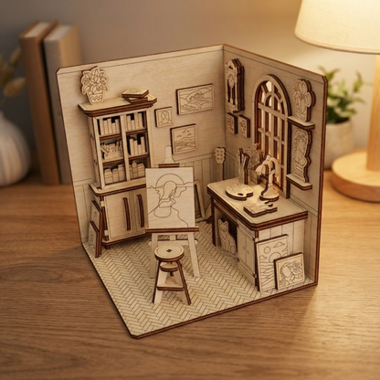 Laser cut plywood artist room book nook with painting easel, work desk, window, and decorative wall elements under warm lighting.
