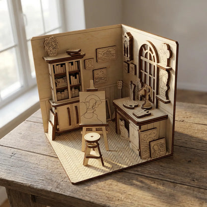 Finished laser cut plywood book nook shelf insert on a rustic wooden table, casting shadows from nearby window light.