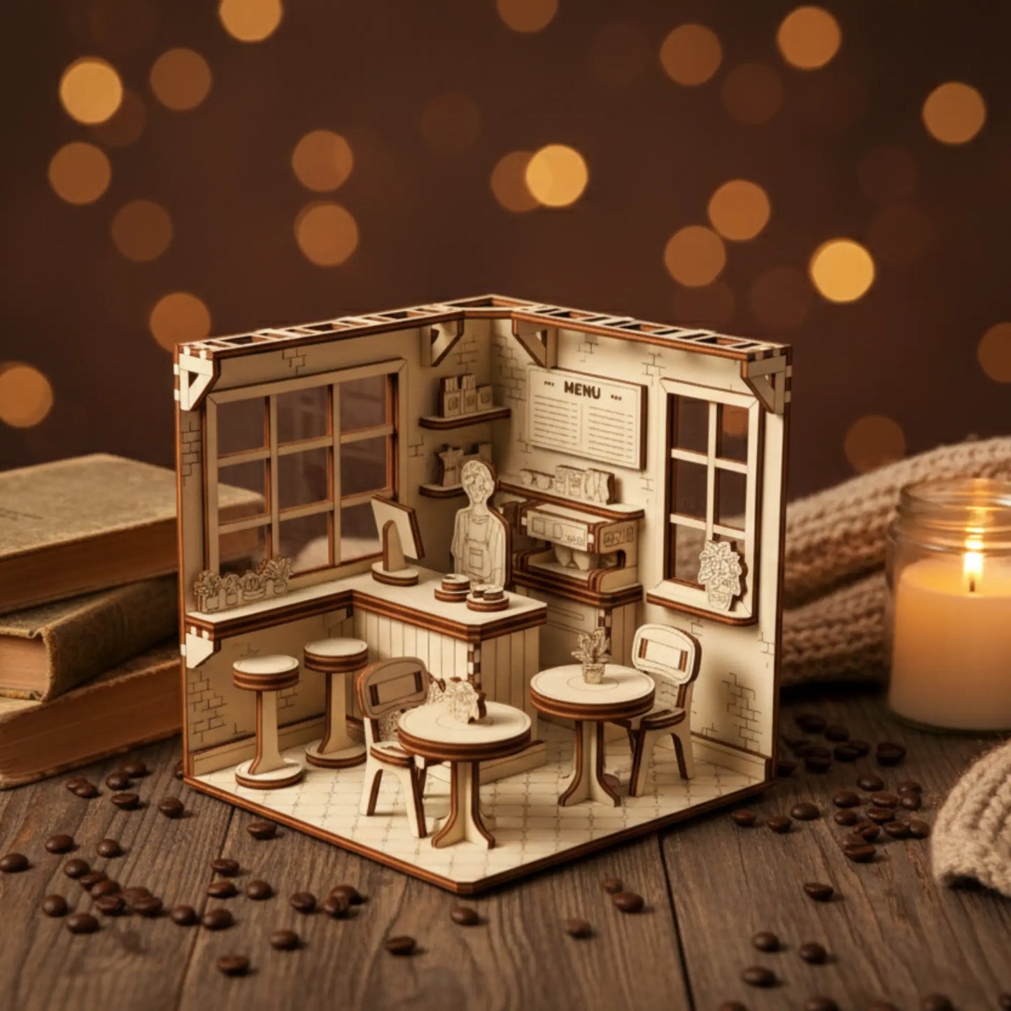Assembled laser cut plywood cafe diorama on a wooden table, surrounded by scattered coffee beans and fairy lights.