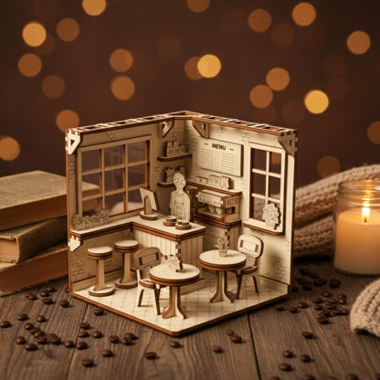 Assembled laser cut plywood cafe diorama on a wooden table, surrounded by scattered coffee beans and fairy lights.
