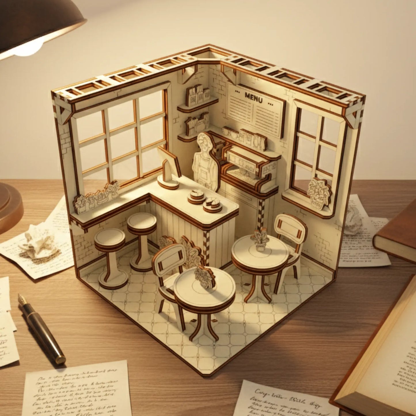 High-angle shot of a laser cut plywood coffee shop miniature next to a fountain pen, handwritten notes, and books.