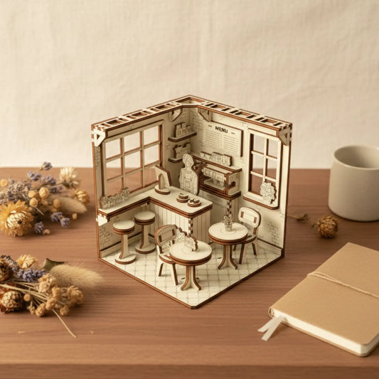 Miniature laser cut plywood cafe kit on a desk, styled with dried lavender bouquets and a blank notebook nearby.