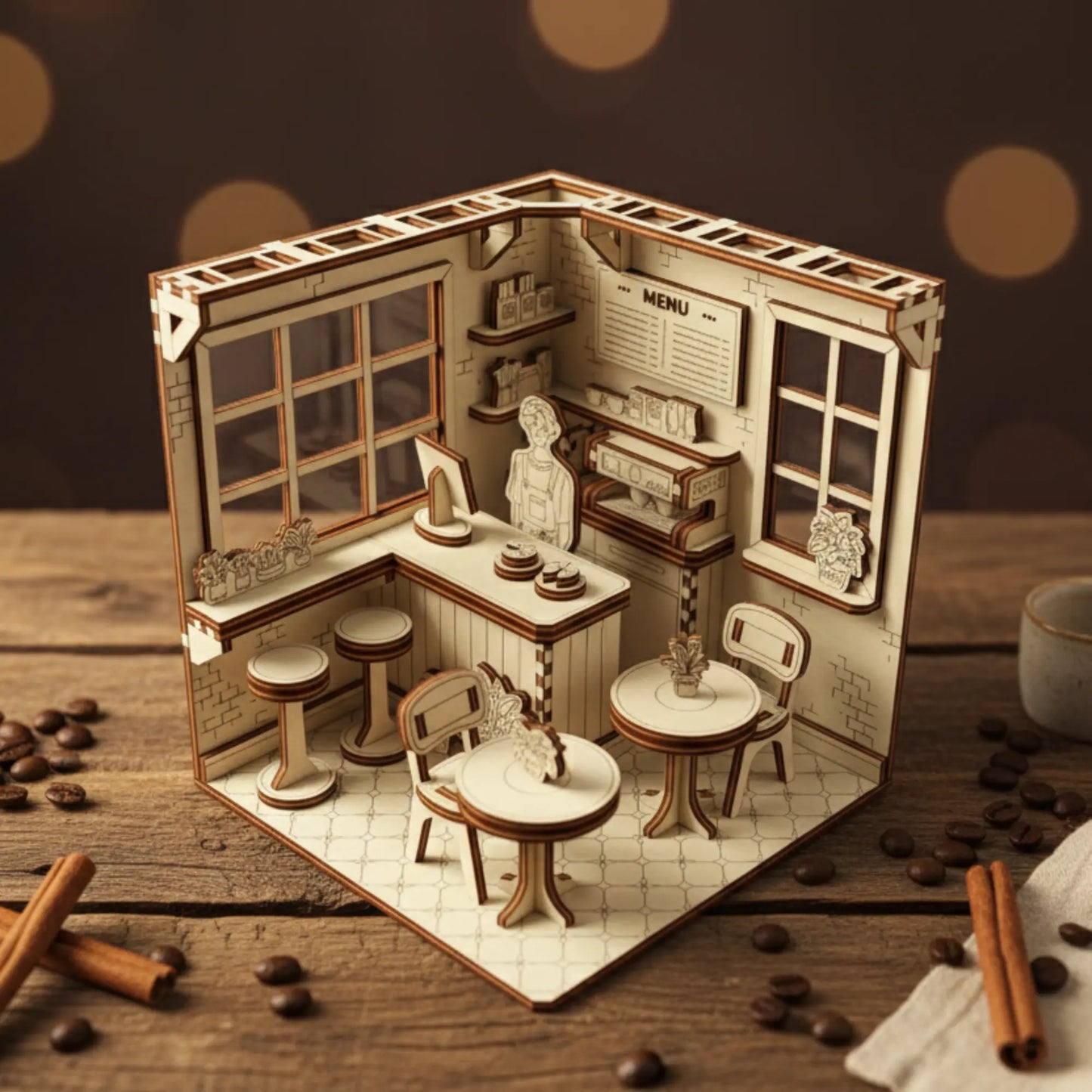 Completed laser cut plywood cafe roombox on a rustic wood surface with cinnamon sticks and a warm blurry background.