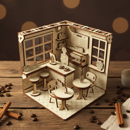 Completed laser cut plywood cafe roombox on a rustic wood surface with cinnamon sticks and a warm blurry background.