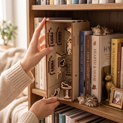 An assembled laser cut plywood French yard book nook styled on a wooden shelf in a cozy home library setting.