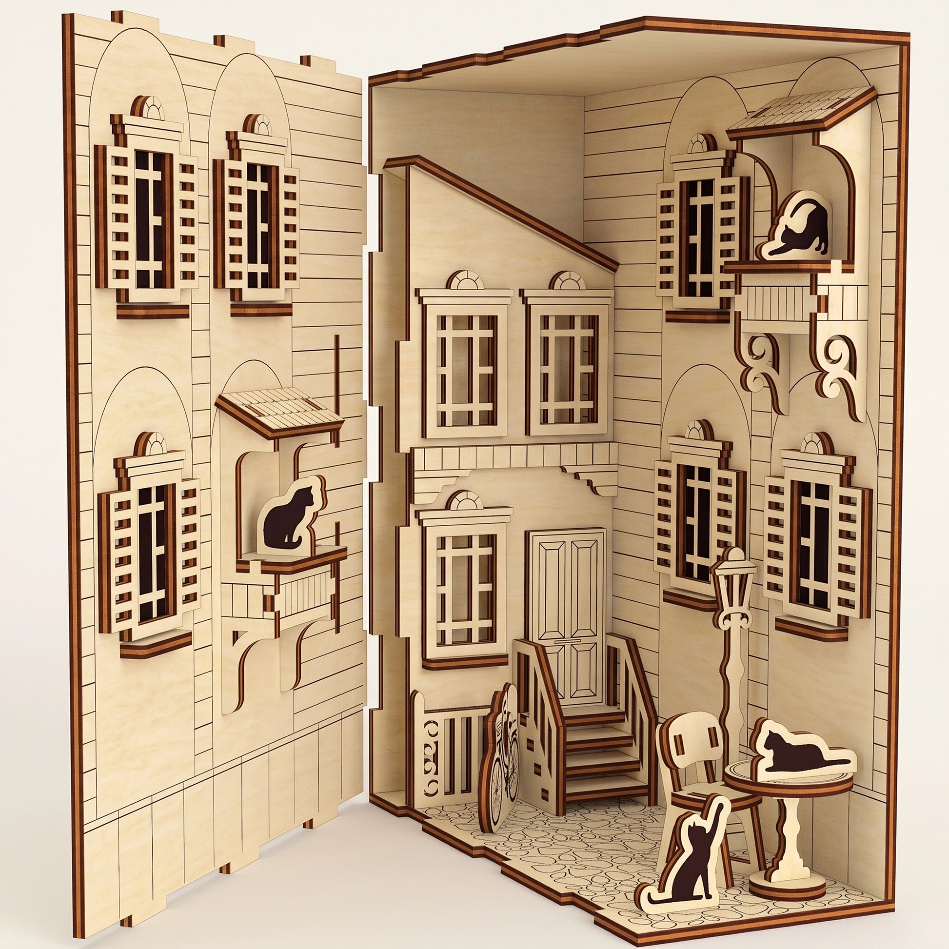 A complete, unlit laser cut plywood French yard book nook model shown in full detail.