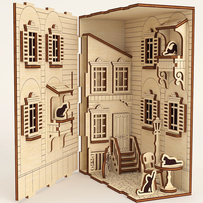 A complete, unlit laser cut plywood French yard book nook model shown in full detail.