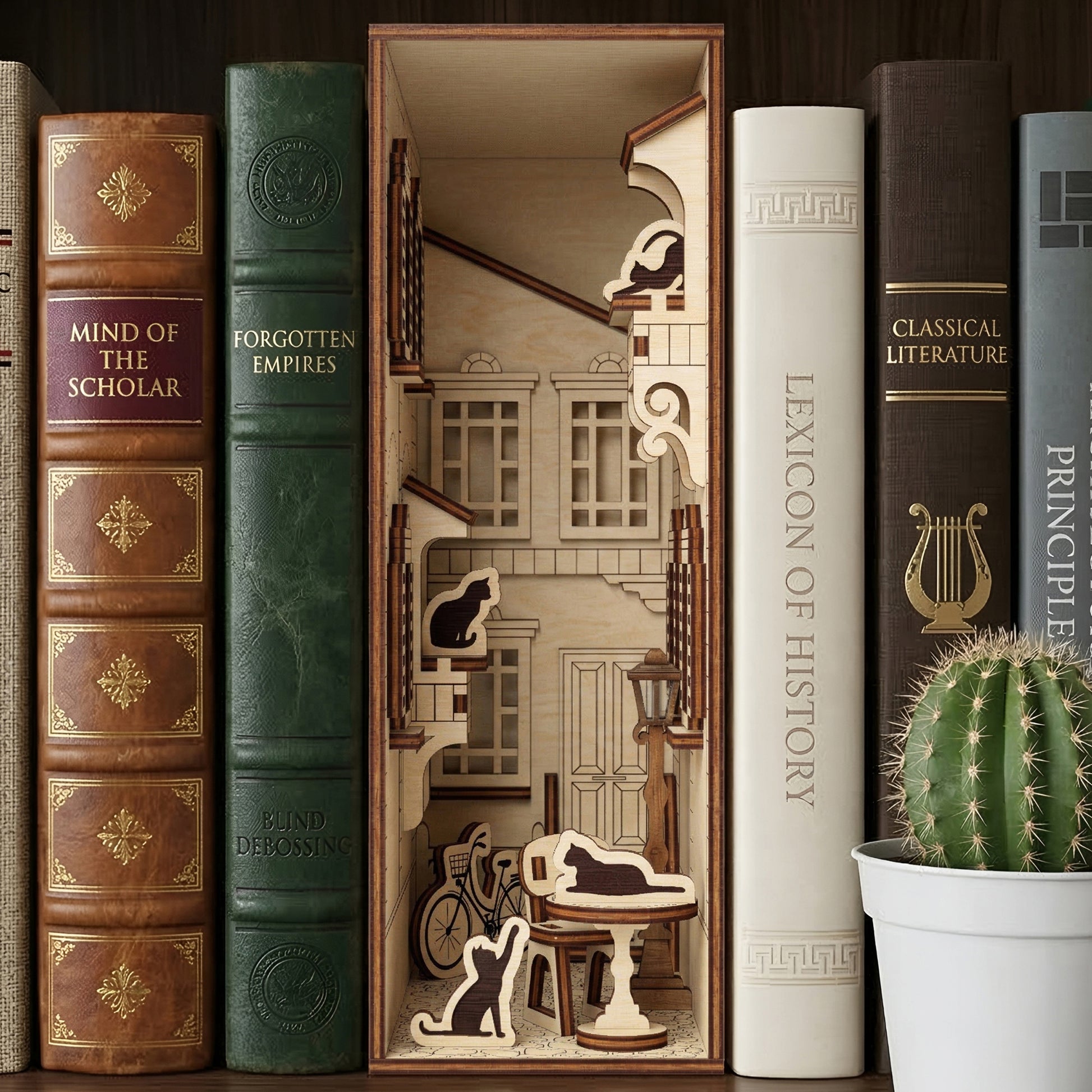 Detailed laser cut wooden Book Nook French Yard featuring miniature balconies and cat silhouettes, set against a classic bookshelf background.
