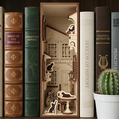 Detailed laser cut wooden Book Nook French Yard featuring miniature balconies and cat silhouettes, set against a classic bookshelf background.