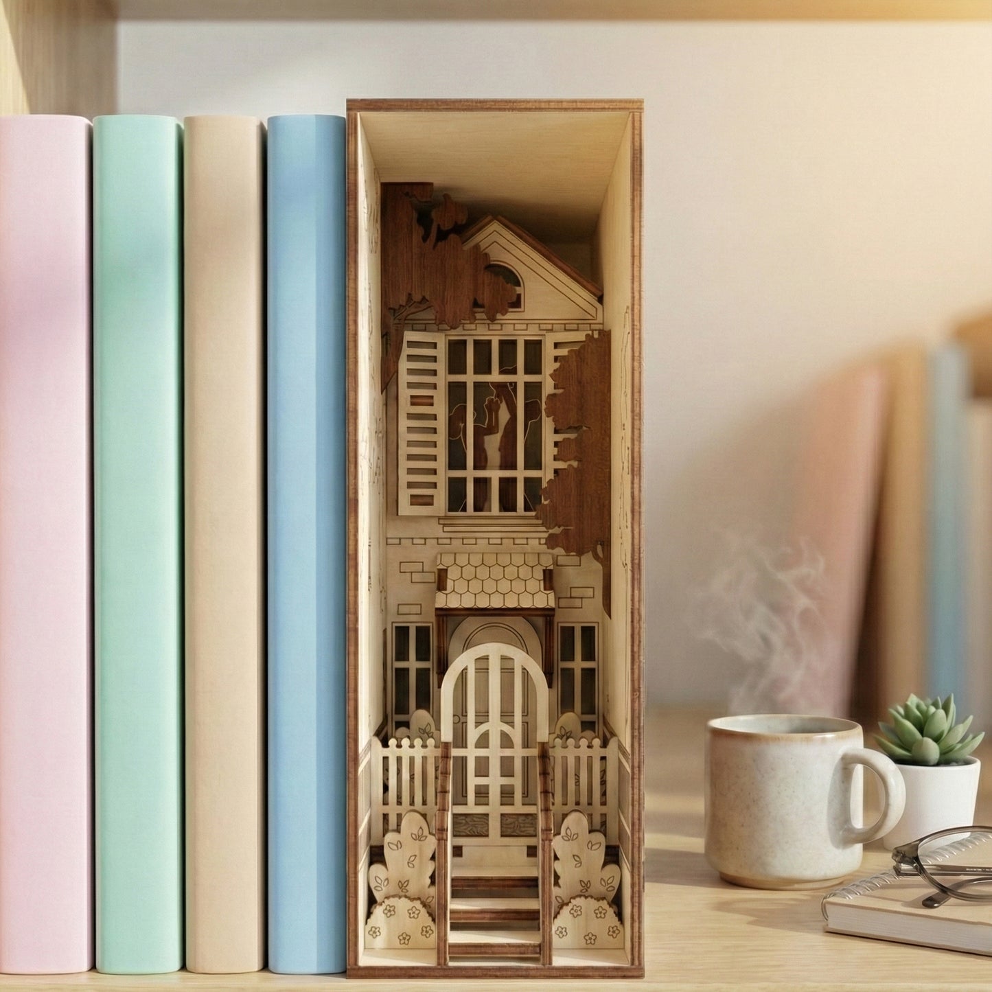 A townhouse book nook made of laser cut plywood inserted between pastel-colored books. Shows intricate layers of a house exterior, including a fenced garden, steps, and window shutters in a bright room.