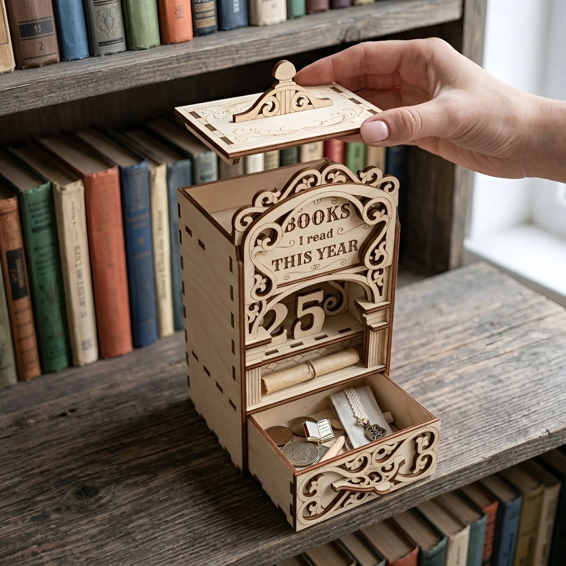 Handmade laser cut wooden book nook reading counter with open drawer storage, removable top lid, ornate details, and “Books I Read This Year” engraved front panel.