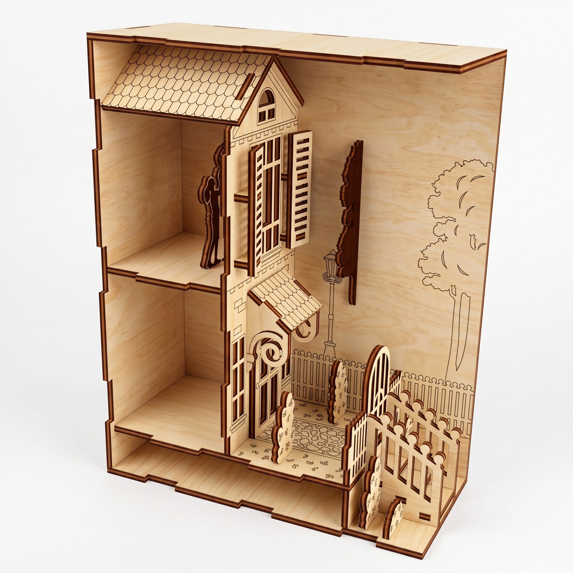 Open-view of a laser-cut birch plywood romantic house book nook showing multi-level rooms, stairs, and natural wood