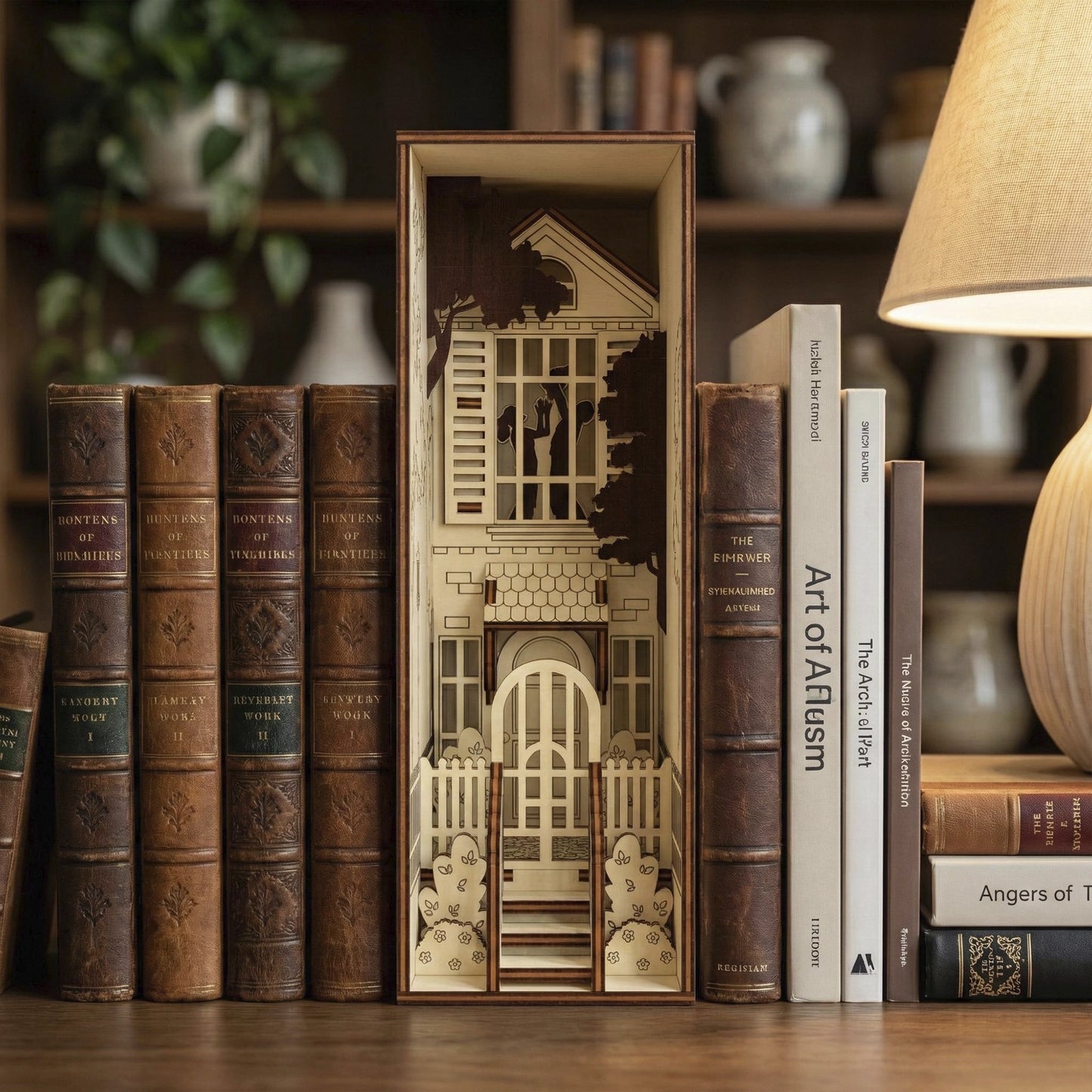 A laser-cut birch plywood romantic house book nook on a shelf between books, illuminated by a nearby lamp with warm interior lights.