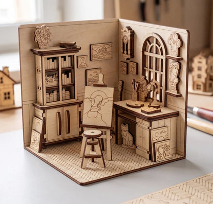 Wooden laser cut book nook model of an artist workshop room with furniture and decor on a light surface.
