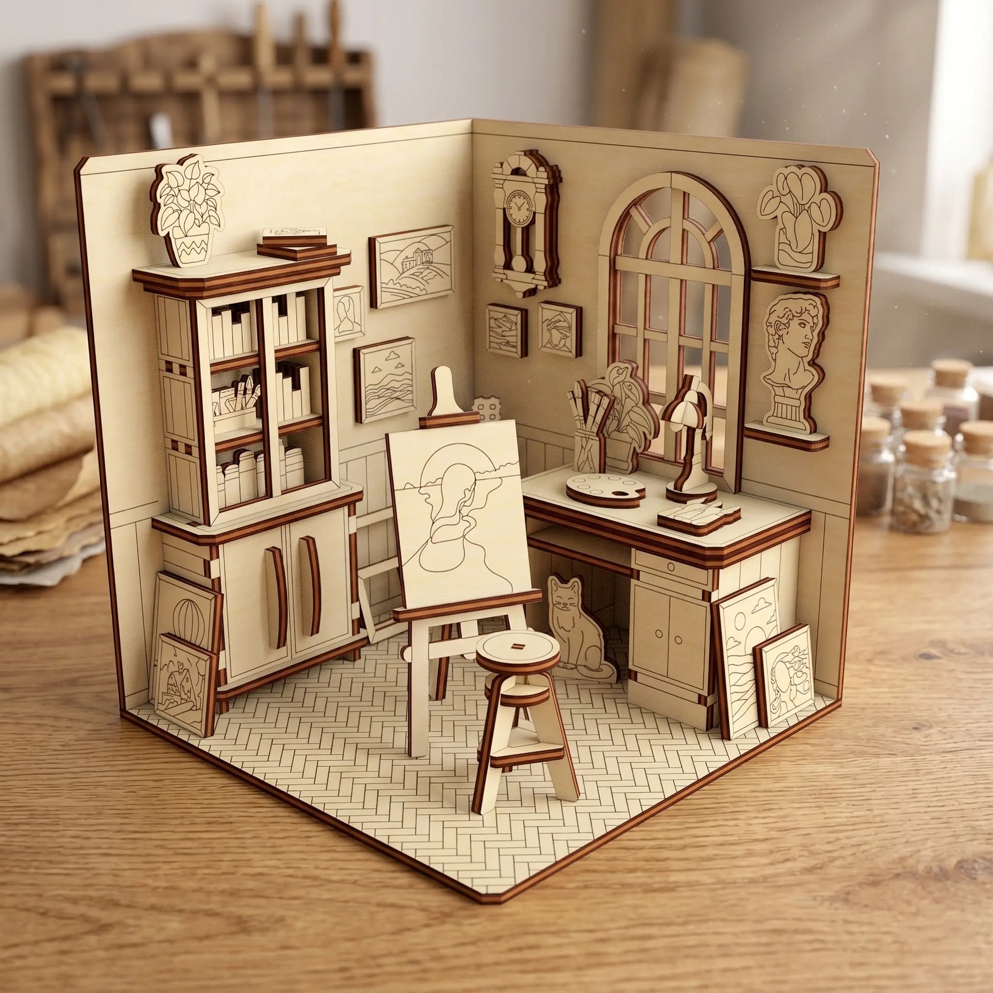 Assembled miniature art studio miniature crafted from laser cut plywood, shown inside a bright woodcraft workshop.