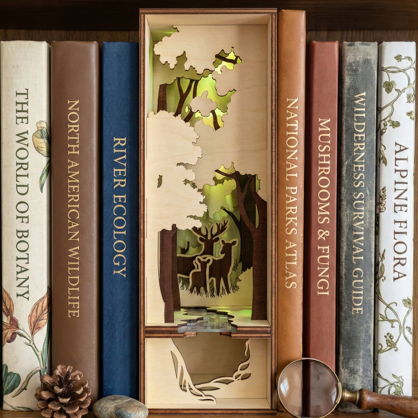 A laser cut wooden Book Nook Nature diorama featuring a multi-layered forest scene with deer silhouettes, placed against a wooden library shelf background.