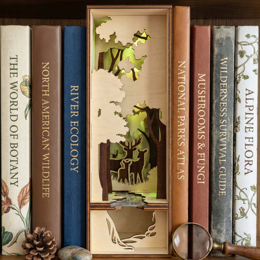 A laser cut wooden Book Nook Nature diorama featuring a multi-layered forest scene with deer silhouettes, placed against a wooden library shelf background.