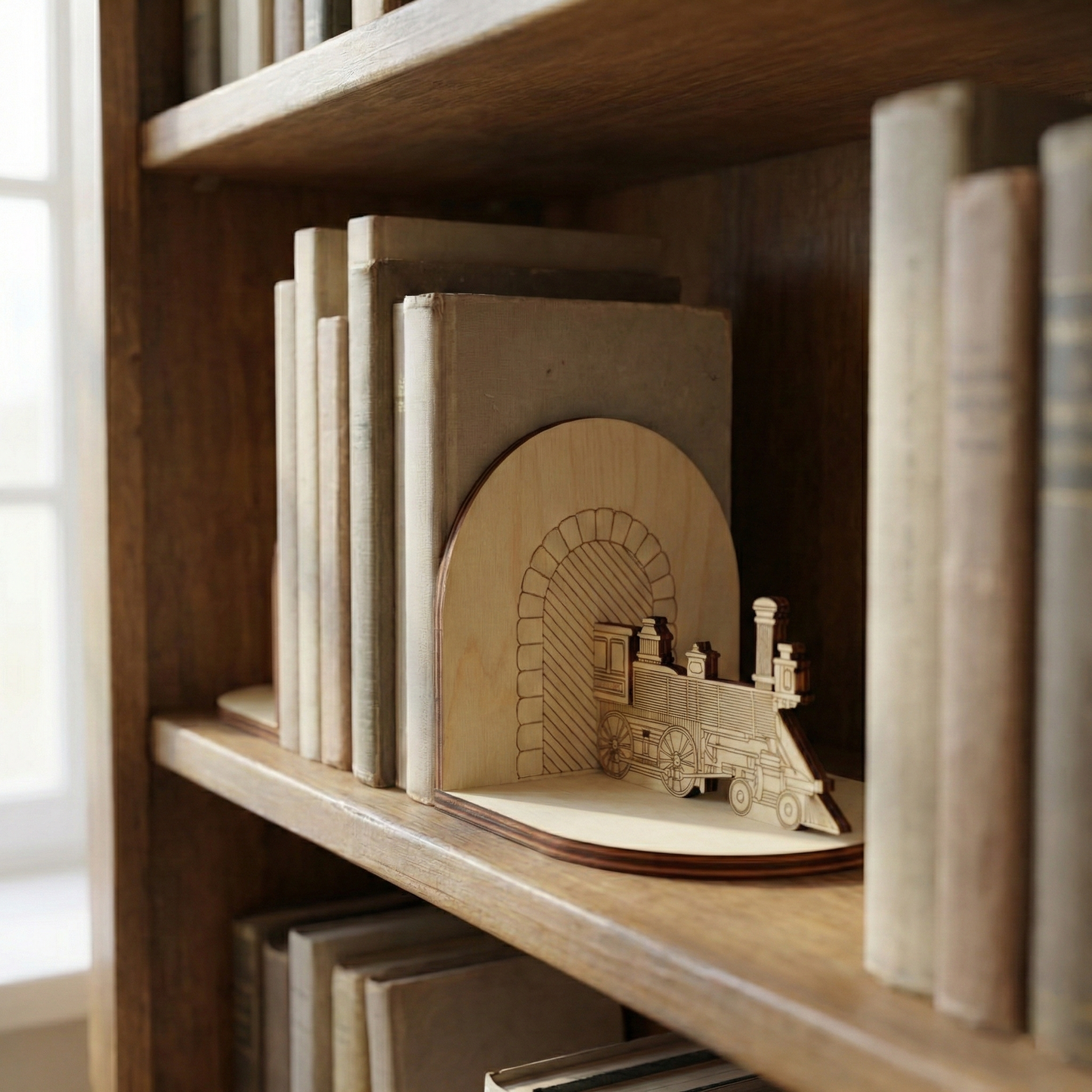 Wooden laser cut bookend shaped like a train on a bookshelf with books