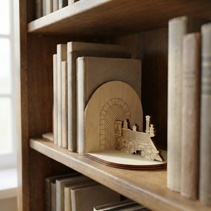 Wooden laser cut bookend shaped like a train on a bookshelf with books