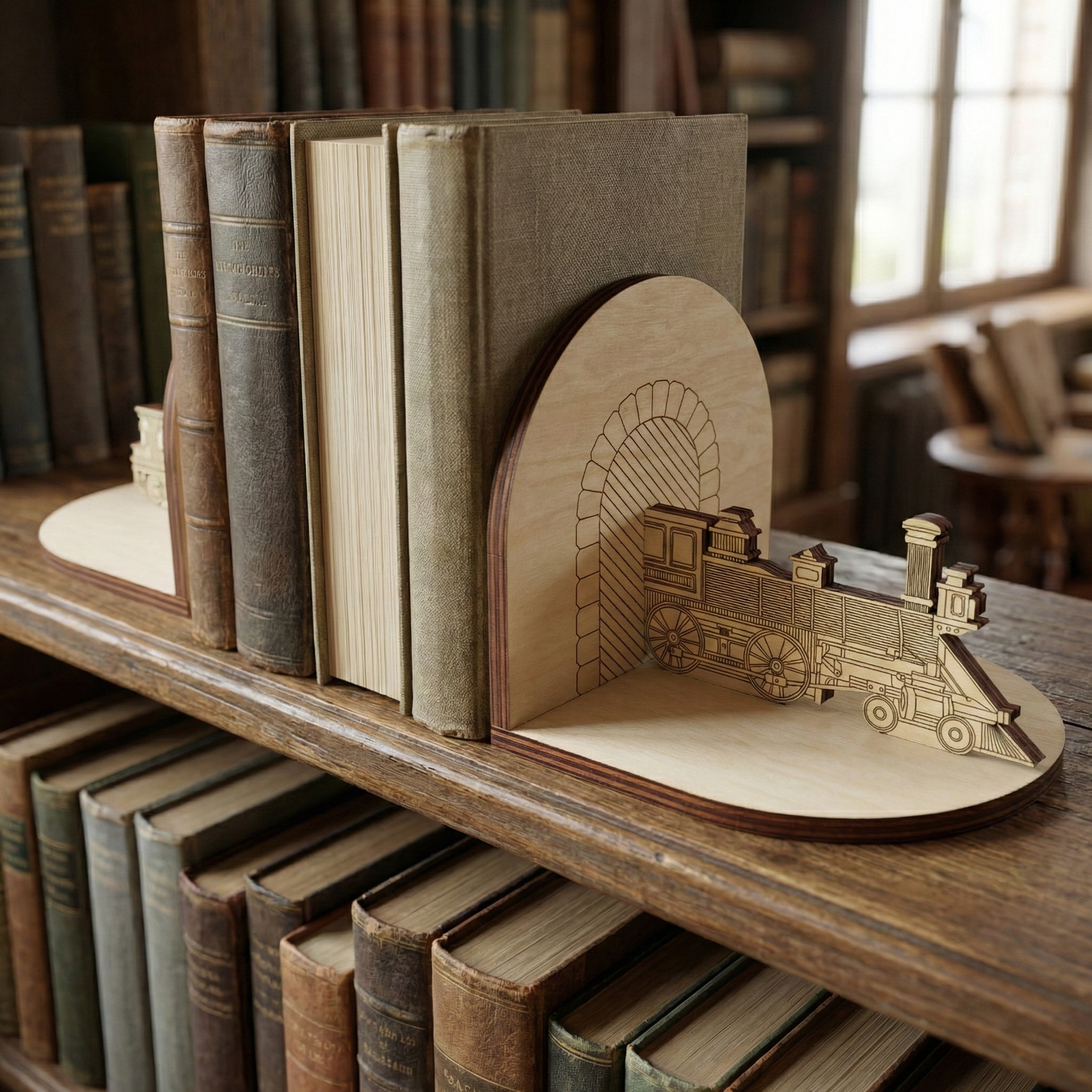 Wooden laser cut bookend with train design on a shelf with books