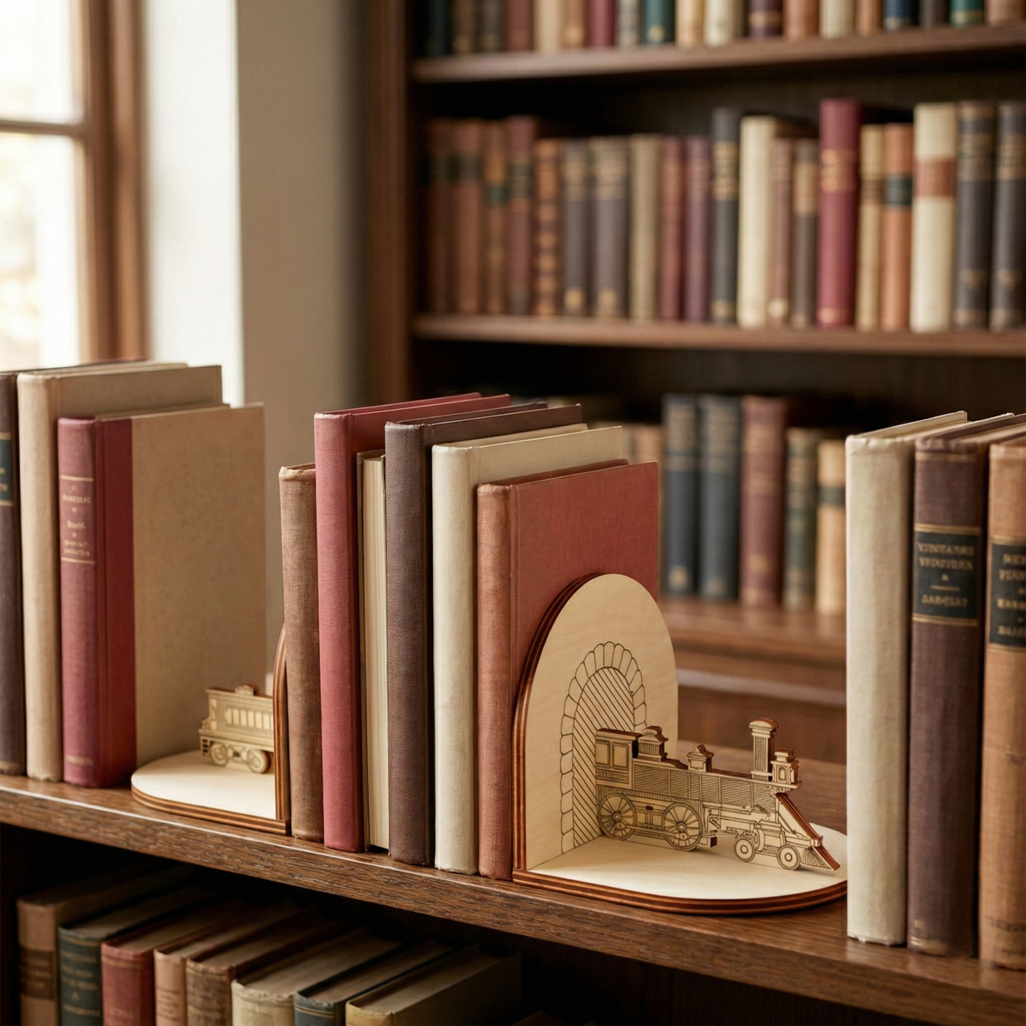 Wooden laser cut bookends shaped like architectural designs on a shelf with books.