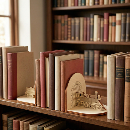 Wooden laser cut bookends shaped like architectural designs on a shelf with books.